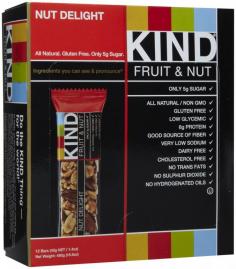 Kind Bar - Fruit and Nut Bar Nut Delight - 1.4 oz. (40 g) KIND Fruit + Nut is the newest member of the PeaceWorks product portfolio. Handmade in Australia, KIND is good for your body, your taste buds and the world! The snack bars are all-natural and made of whole, premium nuts. 5% of the profits go to OneVoice, a PeaceWorks foundation, that fosters co-existence in the Middle East. Eat Two KIND Bars a Day, Keep the Pounds Away! An independent study by Dr. David Katz at the Yale-Griffin Prevention Research Center indicates that adding two KIND Fruit & Nut bars per day to your diet may help control your weight. That's right! Snacking on nutritious KIND Fruit & Bars is deliciously satisfying and may help keep your from consuming empty calories. KIND Bars Product-Related Questions Are KIND Healthy Snacks gluten-free KIND's products are tested for gluten and meet FDA's proposed requirement of 20ppm (0.002%) of gluten. Their manufacturing plant is dedicated gluten free and has a strict allergen control program. Do KIND products contain Sulphur Dioxide KIND products do NOT contain Sulphur dioxide. Do KIND products contain Sorbitol KIND products do not contain Sorbitol. What is soluble dietary fiber Soluble dietary fiber is made from corn and is a source of fiber. Fiber is good for digestive health. Soluble fiber is good for heart health by lowering cholesterol. It is also good for diabetics because it lowers the blood sugar, and helps to curb hunger and feel satiety. What is Maize KIND uses soluble dietary fiber from corn (aka maize). Do KIND Healthy Snacks contain beet sugar No, they do not contain beet sugar. Are any of KIND's products sweetened with agave None of their products are sweetened with agave. Do KIND Snacks contain any grains At this time, KIND only uses gluten-free crisp rice in their products.