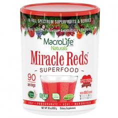 Dietary supplement. Heart-friendly. Great berry flavor! Anti-aging high ORAC (Oxygen free-Radical Absorption Capacity) source. With Goji, pomegranate, acai and mangosteen. Miracle Reds is more than a fruit blend; it is a complete phytonutrient, anti-aging, herbal formula. The base consists of organic plant-based extracts, proven to be the most effective and least allergenic. Miracle Reds is an abundant source of antioxidants, plant sterols (Based on data from scores of trials conducted in the use of plant sterols in the diet, a daily intake of at least 1.3 grams of plant sterols esters as part of a diet low in saturated fat and cholesterol is recommended to provide significant cholesterol lowering benefits), co-nutrients, vitamins, minerals, enzymes, and acidophilus cultures for those who prefer to get their nutrition from whole foods. Miracle Reds is all natural and made with a rainbow of fruits and vegetables. Taste may change depending on harvesting season, this is natural. A tablespoon surpasses6 the raw food nutrition of five servings of fruits and vegetables! Non-allergenic formula. No fillers or sugar added. Never animal tested. Low-glycemic. No artificial ingredients, colors, or preservatives. Miracle Buddy is a Cytotoxic T-cell. This type of specialized cell ceaselessly defends your immune system. (These statements have not been evaluated by the Food and Drug Administration. This product is not intended to diagnose, treat, cure or prevent any disease). Made in the USA.