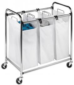 Laundry sorter with polished chrome frame. Locking rubber casters for easy mobility. 3 removable white poly-cotton sorting bins. Dimensions: 33L x 18W x 31H inches. The Honey Can Do Heavy-duty 3 Section Sorter has a tough steel chrome-finish frame that is highly durable and sturdy enough to withstand wear and tear of daily use. With lockable swivel rubber casters, this sorting cart is convenient to move around. It has three removable poly-cotton sorting bags that hang from plastic-coated hooks on the frame, so you can easily separate your darks and whites. Its side handles allow for easy movement, and the detachable bins are washable. About Honey-Can-DoHeadquartered in Chicago, Honey-Can-Do is dedicated to helping you organize your life. They understand that you need storage solutions that are stylish and affordable at the same time. Honey-Can-Do focuses on current design trends and colors to create products that fit your decor tastes while simultaneously concentrating on exceptional quality. When buying a Honey-Can-Do product, you can be sure you are purchasing a piece that has met safety control standards and social compliance methods.