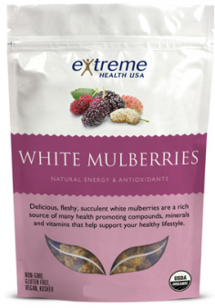 Raw Sun-dried Mulberries -Organic by Extreme Health USA 1.8oz Bag Raw Sun-dried Mulberries - Organic 1.8oz Bag Product Delicious fleshy succulent mulberries are a rich source of many health promoting compounds minerals and vitamins that are essential for optimum health Organic Mulberries are great as a healthy snack and topping for cereal. Mulberries are also a good source of dietary fiber riboflavin phosphorus magnesium potassium and an excellent source of resveratrol which is known for its strong anti-aging properties. Enjoy these berries and add one more way to support your optimal health. Directions Enjoy 1 berry or as many as you like. Supplement Facts Serving Size 1 oz (28g) Servings Per Container 16 Amount Per Serving Daily Value Calories 91 Calories from Fat 7 Total Fat 0g 0 Saturated Fat 0g 0 Trans Fat 0 g Cholesterol 0 mg 0 Sodium 25 mg 1 Total Carbohydrates 21 g 7 Dietary Fiber 3 g 12 Sugars 12 g Protein 3 g Vitamin A 0 Calcium 7 Vitamin C 135 Iron 20 Percent Daily Values a