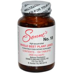 The beets used for this product are organically grown with compost and sea kelp. No chemical fertilizer or insecticides are used. The whole beet, including leaves, is mascerated and the juice is evaporated to dryness under high vaccum with infinite care and at near body temperature to retain a maximum of the enzymes, vitamins, and mineral factors. A ton of beets produces less than 20 lb. of powder which is then compressed into tablets. Therefore, the nutrients are present at 100 times their amounts in the beet plant, on a weight for weight basis. For nutritional use to supply the trace element content of the entire raw beet.