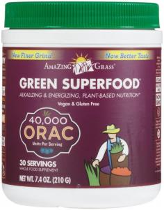 Amazing Grass Green SuperFood Antioxidant Berry Drink Powder - 7.4 oz. (210 g) Amazing Grass Green SuperFood Antioxidant Berry Drink Powder brings antioxidants to the rescue! 15,000 ORAC Antioxidant per Serving It's a bird, it's a plane, it's an antioxidant! These superheroes of nutrition help defend your body against the effects of evil free radicals. Their power is measured through ORAC, or Oxygen Radical Absorbency Capacity. For comparison, a 3.5oz serving of carrots have 210 units per serving, Plums 949.and Amazing Grass ORAC Green SuperFood? 15,000! Using a combination of 5 key antioxidant blends made from high quality fruits, vegetables, and herbs, it's the perfect sidekick to the whole green organic SuperFood of Amazing Grass. It also supports healthier skin, brain function and immune system. ORAC Green SuperFood has a slight berry flavor. Amazing Grass Green SuperFood Antioxidant Berry Drink Powder 15,000 ORAC per serving Complete raw food with powerful antioxidants Contains 3985mg of alkalizing greens Alkaline green plant foods balance acidic pH levels Helps you achieve your recommended 5 to 9 daily servings of fruits and vegetables Gluten Free and Vegan Amazing Grass Premium Blend OriginalEach serving of Green SuperFood combines nutrient dense fruits, vegetables and greens into a delicious drink mix. Created from the most organic greens available, Green SuperFood contains no fillers and is 100% vegan. Fuel your family with nutrients the way Mother Nature intended- completely raw and delicious. About Green SuperFood Amazing Grass Green SuperFood is Certified Organic The most organic greens per gram of any leading Green SuperFood. Featuring Sambazon Organic pure Acai Powder, high in antioxidants. Organic Maca, revered for mental clarity, vitality and stamina. FOS a pre biotic from chicory root. New enhanced digestive enzymes and pre and probiotic active culture blend. 100% Vegan. No Soy Lecithin fillers.