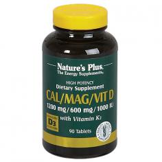 Nature's Plus Cal/Mag/Vit D3 1200 Mg/600 Mg/1000 IU with Vitamin K2 - 90 Tablets Nature's Plus Cal/Mag/Vit D 1200 Mg/600 Mg/1000 IU with Vitamin K2 is an advanced formulation, employing the most effective and bioavailable bone nutrients available. A potent combination of calcium and magnesium form the basis of skeletal structure. But only Nature's Plus Cal/Mag/Vit D 1200 Mg/600 Mg/1000 IU with Vitamin K2 comes supercharged with 1000 IU of Vitamin D3 and 100 mcg of K2 (menatetrenone), the most effective form of Vitamin K, for superior absorption and deposition of essential bone minerals. For complete skeletal support and an overall feeling of health, well-being and vitality, choose Nature's Plus Cal/Mag/Vit D 1200 Mg/600 Mg/1000 IU with Vitamin K2! Nature's Plus Cal/Mag/Vit- D3 with Vitamin K fuses core synergistic essential nutrients for unparalleled bone health support. Biotron-chelated calicum and magnesium work dynamically with the most powerful, most bioavailable forms of Vitamin D3 and Vitamin K2. Nature's Plus Cal/Mag/Vit- D3 with Vitamin K conforms to the strictest standards for purity, including California's Proposition 65. Free from artificial colors and preservatives Free from the common allergens yeast, wheat, corn, and milk CalciumCalcium is the most abundant, essential mineral in the human body. Of the two to three pounds of calcium contained in the average body, 99% is located in the bones and teeth. Calcium is needed to form bones and teeth and is also required for blood clotting, transmission of signals in nerve cells, and muscle contraction. The importance of calcium for preventing osteoporosis is probably its most well-known role. Where is it found Most dietary calcium comes from dairy products. The myth that calcium from dairy products is not absorbed is not supported by scientific research. Other good sources include sardines, canned salmon, green leafy vegetables, and tofu.