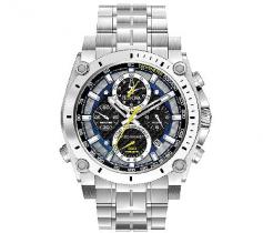 This intricate and rugged Bulova watch features a stainless steel case with a sapphire crystal and a tachymeter bezel. Chronograph and calendar subdials join a date window to add plenty of timekeeping functionality to this timepiece. Case: Stainless steel Caseback: Stainless steel, screw-down Bezel: Brushed stainless steel Dial: Black Hands: Yellow/ silvertone Markers: Silvertone Subdials: Four (4) Bracelet: Stainless steel Clasp: Deployment Crystal: Sapphire, scratch- resistant Crown: Screw-down Movement: Quartz Water resistance: 30 ATM/300 meters/1000 feet Case measurements: : 46mm wide x 45mm long x 15mm thick Bracelet measurements: 17.5 millimeters wide x 8 inches long Model: 96B175 All measurements are approximate and may vary slightly from the listed dimensions. Men's watch bands can be sized to fit 7.5-inch to 8.5-inch wrists. Click here to view our Watch Sizing Guide.
