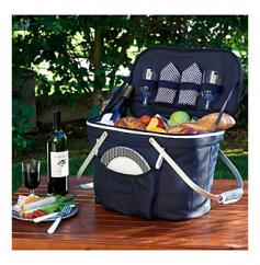 Made of 600D poly-canvas material. Lightweight and durable aluminum frame. Zippered lid, front patch pocket, and swivel handles. Available in a variety of colors. Dimensions: 11W x 6D x 19H in. Enhance the experience of a romantic outing for two with the Collapsible Insulated Picnic Basket Set for 2. Your food or drinks remain at a desired temperature inside the Thermal Shield insulated basket. It's packed with essential items, like plates, glasses, and napkins. Designed in the U.S, this durable basket is made of 600D polycanvas with a food-safe, leak-proof PEVA lining. A built-in, lightweight aluminum frame and handles with padded grips make it easy to carry around. Because it's collapsible, it's easy to store too. About Picnic at AscotDay or evening, beachside or backyard, picnics are a favorite event. By introducing Americans to the British tradition of upmarket picnics over a decade ago, Picnic at Ascot created a niche for picnic products combining British sophistication with an American fervor for excitement and exploration. Known as an industry leader in the outdoor gift market, Picnic at Ascot houses a design staff dedicated to preserving the prized designs and premium craftsmanship signature to the company. Their exclusive products are carried only by selective merchants. Picnic at Ascot provides quality products that meet the demands of today, yet reflect classic picnic style. Color: Navy.