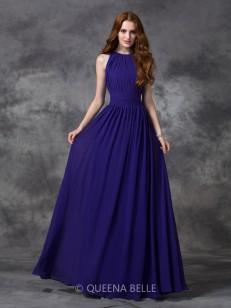 A-line/Princess Sleeveless Ruched Jewel Floor-length Chiffon Bridesmaid Dresses