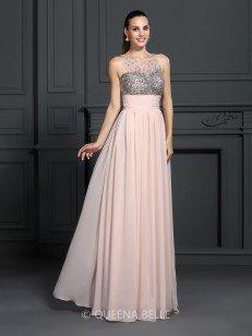 A-Line/Princess Bateau Sleeveless Beading Floor-Length Chiffon Dresses