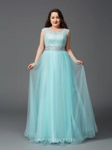 A-Line/Princess Scoop Sleeveless Rhinestone Floor-Length Elastic Woven Satin Plus Size Dresses