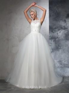 Ball Gown Sleeveless Bateau Net Applique Chapel Train Wedding Dresses