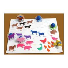 This set of easy to clean and durable 3" foam stamps is great to use by itself or with our Giant Farm Adventure Stamp Set (CE6738) to stamp out stories of farm life. The large handle is just right for a child's grasp and these stamps work wonderfully with either our paint pads or our ink pads. The stamps have stickers on the clear plastic mounts to make image alignment a snap and come in a reusable plastic case. This set includes a duck a sheep a pig a goat a horse a goose a cow a turkey a hen and chicks. High quality. Highly Recommended. Classic design.