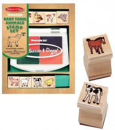 Melissa & Doug Baby Farm Animals Stamp SetEight detailed baby farm animal stamps and a 4-color inkpad help kids create countless animal scenes, all conveniently contained in a colorful wooden box. It's a tremendous value that children will use over and over again! Washable, non-toxic kid-friendly ink.