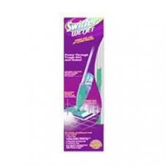 Swiffer WetJet gives you a great clean on virtually any floor in your home. With a unique dual-nozzle sprayer, this all-in-one mopping system breaks up and dissolves tough messes for a powerful clean. Its cleaning solution loosens dirt and lifts it off the floor, pulling dirt and grime into the WetJet pad and locking it away for good. Kit includes one power mop with scrubbing strip, two cleaning pads and one bottle of cleaning solution. Application: Floor Maintenance; Mop Head Size: 11" x 5"; Handle Length: 46"; Mop Head Color: Purple.