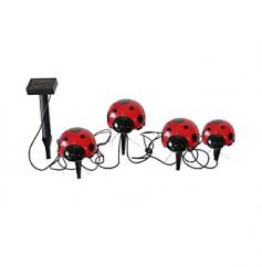 Dimensions: 4.7 Dia x 67H inches. Plastic stakes and ladybugs. 1 red 4v LED bulb per ladybug. Separate solar panel allows lights to go in shady spots. Set of 4 lady bugs. Up to 8 hours of illumination. Ladybugs are ideal for controlling aphids in your garden bringing luck to your future and now lighting up your yard! The Smart Solar Ladybug Solar Light Set includes four adorable ladybugs that can be easily staked anywhere in your garden where you need a splash of whimsical color. Each ladybug has one energy-saving red LED light and can be placed even in shady spots because the separate solar panel can be placed elsewhere in the sun. The ladybugs automatically light up at night and provide up to eight hours of gleaming joy when the replaceable rechargeable Ni-MH battery has been fully charged by the sun. About Smart SolarBased on a firm belief in the environmental benefits of solar energy Smart Solar was established in 2003 to develop and market home and garden products powered by renewable energy. These eco-friendly high tech devices were welcomed by conscientious consumers world wide. Smart Solar has created many innovative and beautiful solar powered products including solar lights and water features. The company also uses a variety of materials including terracotta copper slate and stainless steel to coordinate with almost any style home or garden. Based just outside Oxford in the United Kingdom Smart Solar also operates offices in the United State and Germany along with a manufacturing facility in Thailand. Consumers everywhere are craving environmentally friendly functional and beautiful products which Smart Solar is more than happy to provide.