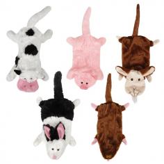 Grriggles Farm Friend Unstuffies Dog Toy Enhance your pet's indoor play time with this attractive and innovatively designed Grriggles Farm Friend Unstuffies Dog Toy LG Cow. This toy shaped like a farm cow is made from high quality materials to ensure lasting use. It has a long, skinny shape that allows your pet to grip, pull or tug this toy with added ease. Slim, light weight design of this toy is ideal for fun-filled indoor games like pulling and tugging that will keep your dog enthralled for long. This toy does not contain stuffing material which ensures a mess-free playtime for you and your pet. Product Features: Attractive and innovatively designed Made from high quality materials Long, skinny shape Easy to grip, pull or tug this toy Ideal for fun-filled indoor games Does not contain stuffing material Item Specification: Style: Cow, Goat, Mole, Pig, Possom Rabbit Size: Small Large Material: Polyester Plush Set includes: 2 Squeakers