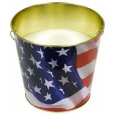 Patriotic flag citronella metal wax bucket. Color: Tan.