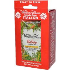 Walden Farms Italian dressing 1 oz packet. Calorie Free Sugar Free Fat Free Cholesterol free Carbohydrate Free.