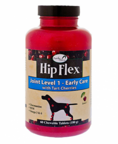 Hip Flex Joint Care Chewable Dog Tablets Stage 1 Overby Farms worked closely with experts and veterinarians in developing tart cherry and dark berry natural supplements for conpanion animals that support healthy hips and joints. State 1 Early Care Hip Flex is a preventative maintainance supplement to help maintain normal healthy cartilage and joint function. Tart cherries help avoid discomfort by supporting the body's normal inflammatory response. Also contains Glucosamine and MSM for added joint support. Features: For all dogs Tart cherry concentrate Natural antioxidant for joint health Glucosamine, MSM and Omega 3 & 6 fatty acids Item Specifications: Active Ingredients (per 3 gram tablet): Glucosamine HCL (Shellfish source).500 mg Methylsulfonylmethane (MSM).250 mg Tart Cherry and Dark Berry Proprietary Blend.100 mg Linolenic Acid Omega 3 (Flaxseed).12000 mcg Linoleic Acid Omega 6 (Flaxseed).2600 mcg Inactive Ingredients: Citric Acid, Dicalcium Phosphate, Dried Whey, Malt, Maltodextrins, Microcrystalline Cellulose, Magnesium Stearate, Natural Flavoring, Rosemary, Silica Aerogel and Suggested Use: Initial Three Week Period: Up to 10 lbs: 1 tablet 11 to 39 lbs: 2 tablets 40 to 79 lbs: 3 tablets 80 lbs. and over: 4 tablets Maintenance: Up to 10 lbs: 1/2 tablet 11 to 39 lbs: 1 tablet 40 to 79 lbs: 1 1/2 tablets 80 lbs. and over: 2 tablets