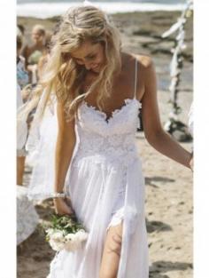 Sheath/Column Spaghetti Straps Floor-Length Chiffon Beach Wedding Dress With Applique