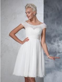 A-Line/Princess Short Sleeves Sheer Neck Chiffon Knee-Length Ruched Bridal Wedding Dresses