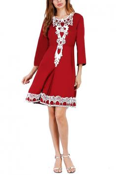 Autumn Cotton Stitching Lace Red Swing Dress Above Knee Length