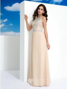 A-Line Scoop Sleeveless Beading Floor-Length Chiffon Dress