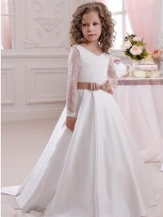 Ball Gown V-neck Long Sleeves Lace Floor-Length Satin Flower Girl Dresses