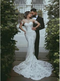 Luxury Weiße Hochzeitskleider Spitze Meerjungfrau Kleider für Braut Brautkleider