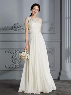 A-Line/Princess Scoop Chiffon Sleeveless Floor-Length Wedding Dresses