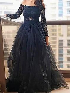 A-Line/Princess Off-the-Shoulder Tulle Long Sleeves Floor-Length Prom Dresses