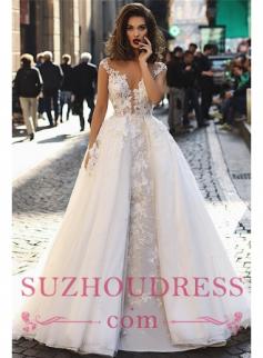 Lace Appliques Beads Overskirt Tulle Wedding Dresses | Cap Sleeves Sheer Back Sexy Cheap Bridal Gowns 2019