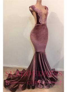 Sexy Straps Velvet Prom Dresses Cheap 2019 | Mermaid Open Front Appliques Evening Gowns