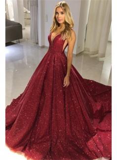 Burgundy A-Line Sequins Evening Gown | 2019 Sexy V-Neck Sleeveless Prom Dresses