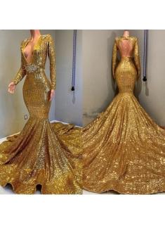 Sexy Gold V-Neck Mermaid Prom Dress Cheap | Cheap Crystal Tassels Long-Sleeves Evening Gowns BC0959