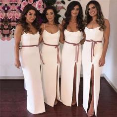 Sexy Side Slit White Bridesmaid Dresses Cheap | Sleeveless Straps Long Wedding Party Dress with Sash | www.babyonlinewholesale.com