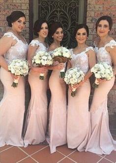 Latest Pink Mermaid Lace Bridesmaid Dress New Arrival Sweep Train Cheap Wedding Party Dress | www.babyonlinewholesale.com