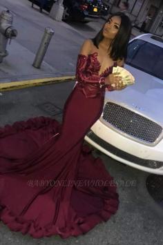 Sexy Burgundy Sequins Mermaid Prom Dresses | Cheap Long Sleeves Evening Dresses On Sale | www.babyonlinewholesale.com