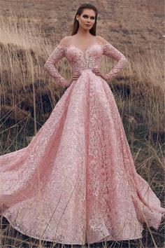 Pink Off-The-Shoulder Long-Sleeves Lace Applique Princess A-Line Prom Dresses | www.babyonlinewholesale.com