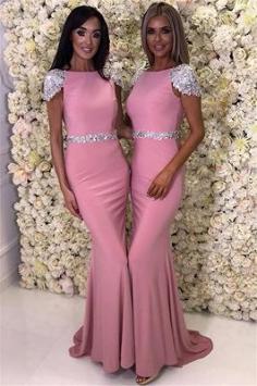 Cap Sleeve Silver Beads Crystals Bridesmaid Dresses Cheap | Open Back Sexy Pink Maid Of Honor Dress | www.babyonlinewholesale.com