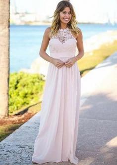 Open Back Pink Lace Chiffon Bridesmaid Dress | Sleeveless Sexy Dresses for Maid Of Honor Cheap | www.babyonlinewholesale.com