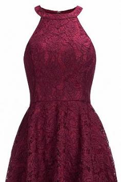 Halter Sleeveless Sheath Asymmetrical Burgundy Lace Dresses | www.babyonlinewholesale.com