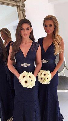 V-neck Navy Blue Lace Bridesmaid Dresses with Bowknot Sash | Sleeveless Cheap Maid Of Honor Dresses | www.babyonlinewholesale.com