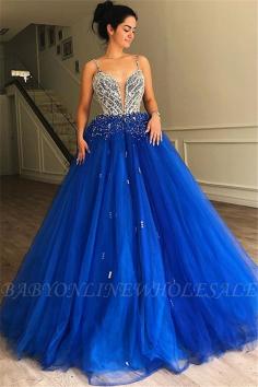 Gorgeous A-Line Spaghetti Straps Sleeveless Tulle Beaded Evening Dresses | www.babyonlinewholesale.com