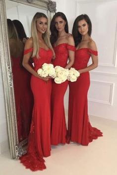 Red Long Lace off-Shoulder Zipper Back Bridesmaid Dresses | www.babyonlinewholesale.com