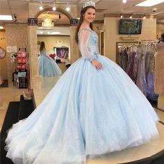 Attractive Off-the-shoulder Beadings Sweet 16 Dresses | Illusion Long-Sleeves Ball Gown Quince Dresses Long | NewinLook