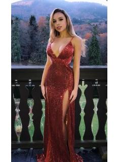 Elegante Rote Abendkleider Lang Mit Glitzer | Abiballkleider Online