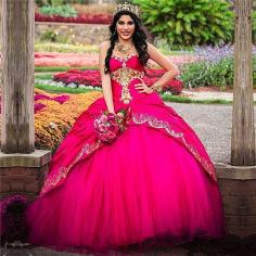 Ball Gown Sweetheart Sleeveless Gold Appliques Hot Pink Quinceanera Dress | NewinLook
