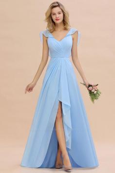 Blue Hi-Lo V-Neck Ruffles Long Bridesmaid Dress | BmBridal