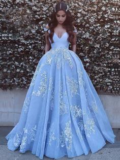 Ball Gown Sleeveless Off-the-Shoulder Applique Tulle Sweep/Brush Train Dresses#PO16033PO1032