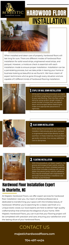  Experience the epitome of elegance with our hardwood floor installation services. Our dedicated craftsmen seamlessly install hardwood flooring, enhancing the beauty and value of your space. Trust us for precision, durability, and a timeless aesthetic – elevate your surroundings with our expert hardwood floor installation. For more info visit here: https://majestichardwoodfloors.com/hardwood-floor-installation/