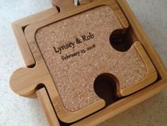 Set of 4 Bamboo and Cork Coasters, Puzzle Coasters Personalized and Laser Engraved, Hostess Gift, Present, Christmas Gift, Wedding Present